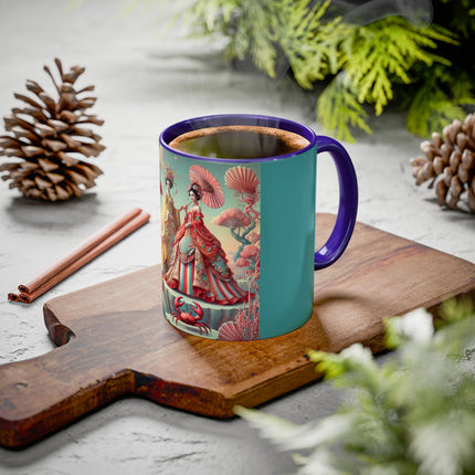 Cherry Blossom Courtesans & Crimson Crab Colorful Mug – Imperial Elegance & Playful Charm