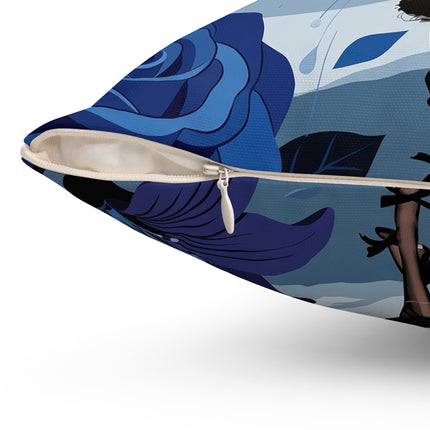 ☔💙 The Blue Rain Promenade Square Pillow – Art Deco Floral Fashion