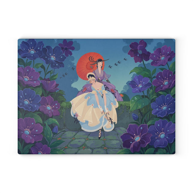 💜🌸 The Lady Of The Violet Garden Glass Cutting Board – Art Deco Floral Elegance