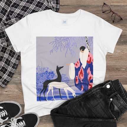 🦌🌸 The Lady Of The Graceful Deer Cotton Tee – Art Deco Garden Elegance