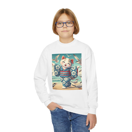 Geisha Kitten by the Seaside Youth Crewneck Sweatshirt – Coastal Charm, Joy & Whimsical Elegance