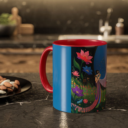 The Lady And The Moonlit Peak Colorful Mugs – Art Deco Alpine Garden Elegance