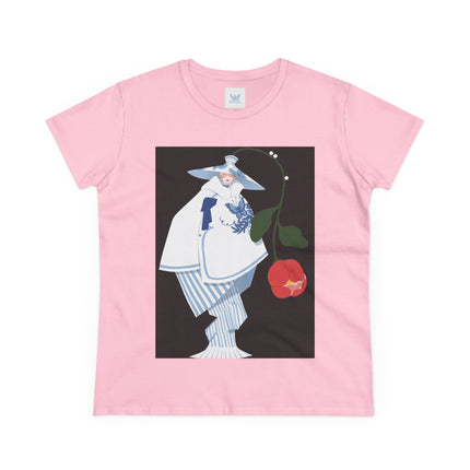 Blue & White Porcelain Geisha Women's Midweight Cotton Tee – Refined Elegance & Timeless Charm