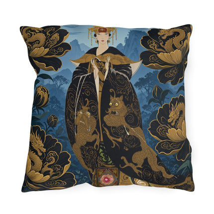 🐉🌺 The Golden Dragon Empress Outdoor Pillow – Art Deco Oriental Fantasy