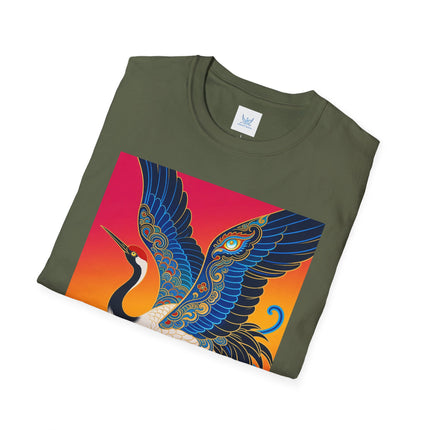 🪽🌅 The Celestial Crane Softstyle T-Shirt – Art Deco Wings Of Elegance