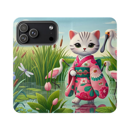 🦩🌸 Geisha Kitten Strolls Among the Spoonbills Flip Case – Serene Grace & Marshland Wonder