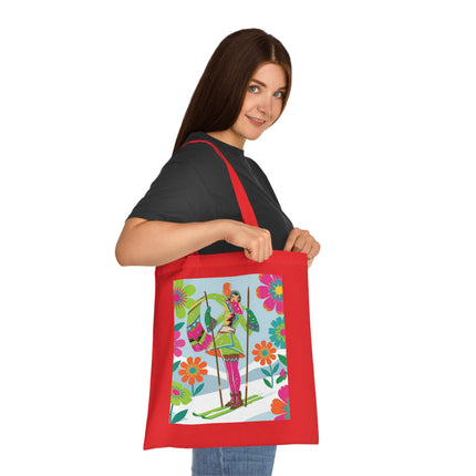 🎿🌸 The Winter Flower Adventurer Cotton Tote Bag – Colorful Skiing Fantasy