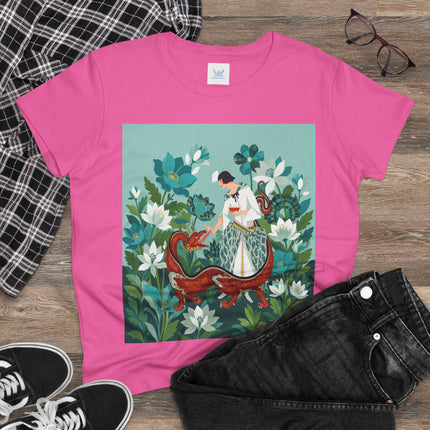 🐉🌿 The Dragon Keeper Cotton Tee – Art Deco Floral Fantasy