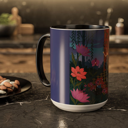 The Lady And The Midnight Birdcage Colorful Mugs – Art Deco Botanical Elegance