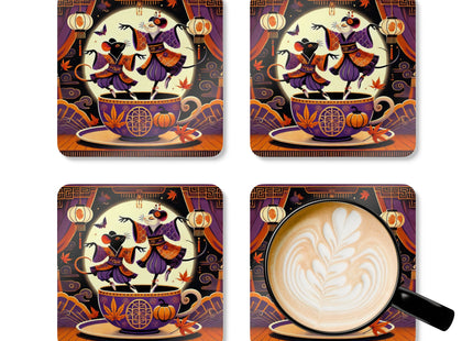 Theatrical Halloween Kabuki Mice on Teacup Corkwood Coaster Set