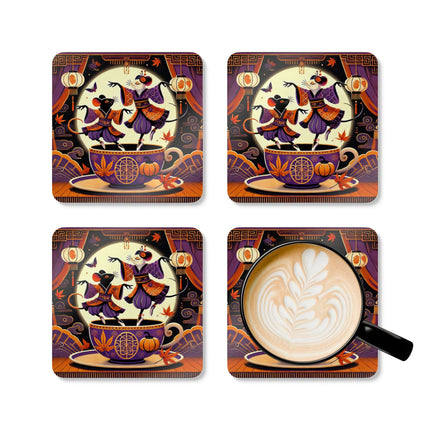 Theatrical Halloween Kabuki Mice on Teacup Corkwood Coaster Set