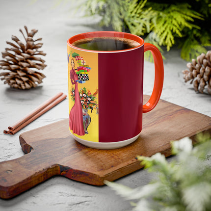 Elegant Holiday Woman with Gifts Colorful Mugs (11oz, 15oz)