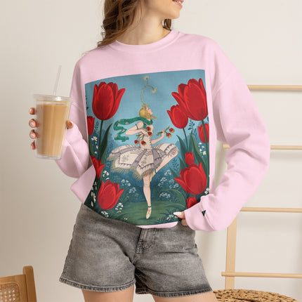🌷🩰 The Scarlet Tulip Ballet Crewneck Sweatshirt – Art Deco Floral Whimsy