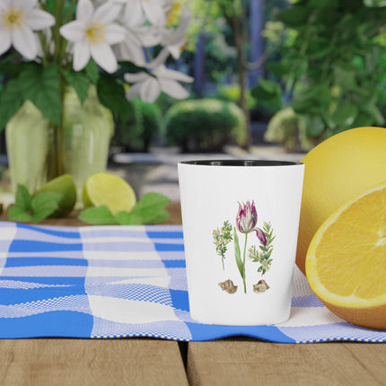 Tulip, Branches of Myrtle, and Shells by Maria Sibylla Merian Ceramic Shot Glass