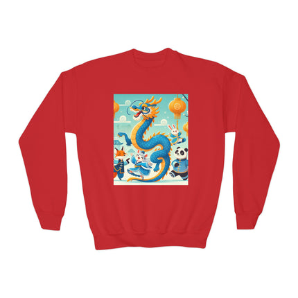 Blue & Gold Dragon Festival Parade Youth Crewneck Sweatshirt – Celebration, Color & Joyful Movement