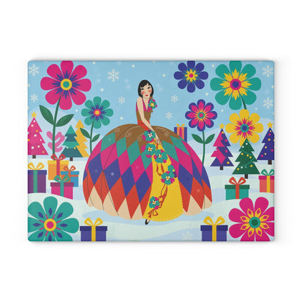 🌸🎄 The Lady Of The Kaleidoscope Garden Glass Cutting Board – Art Deco Christmas Fantasy