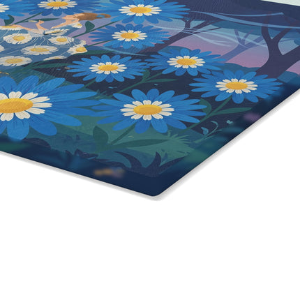 🌼🧶 The Lady Of The Blue Daisy Garden Glass Cutting Board – Art Deco Floral Elegance
