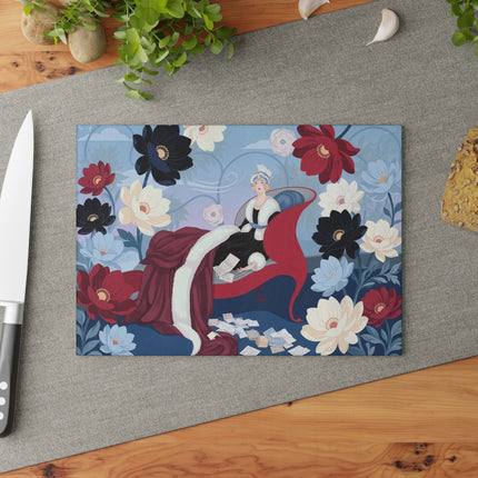 🌺💌 The Lady Of The Scarlet Chaise Glass Cutting Board – Art Deco Floral Fashion Elegance