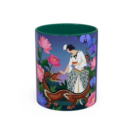 The Lady And The Garden Dragon Colorful Mugs – Art Deco Mythical Botanical Elegance