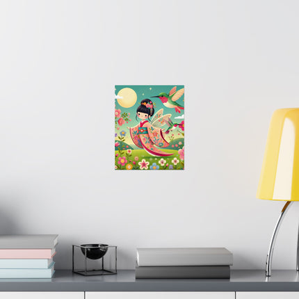 🧚🌺 Geisha Fairy and the Hummingbird Blossom Matte Vertical Poster – Grace, Wonder & Floral Magic
