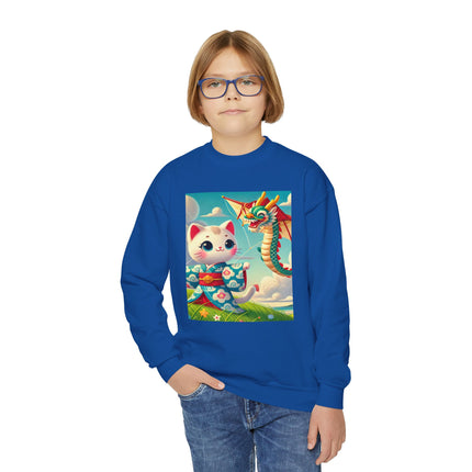 Geisha Kitten and the Dragon Kite Youth Crewneck Sweatshirt – Freedom, Motion & Playful Spirit