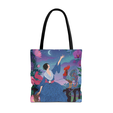 🌙🐓 The Lady Of The Moonlit Rooster Garden Tote Bag – Art Deco Floral Fantasy