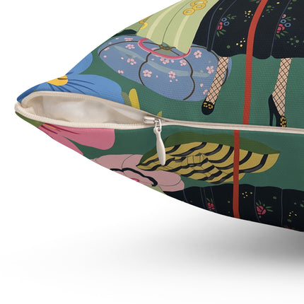 🌸🪞 The Lady Of The Floral Parasol Square Pillow – Art Deco Garden Whimsy