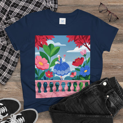 🌸💙 The Lady Of The Flower Terrace Cotton Tee – Colorful Art Deco Garden Elegance