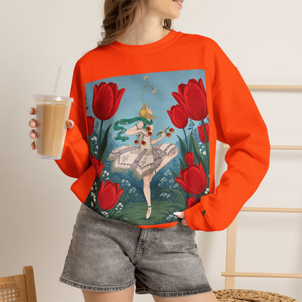 🌷🩰 The Scarlet Tulip Ballet Crewneck Sweatshirt – Art Deco Floral Whimsy