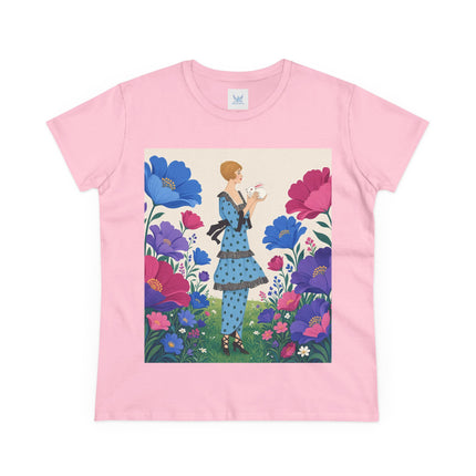 🐇🌺 The Little Rabbit Garden Cotton Tee – Art Deco Floral Whimsy