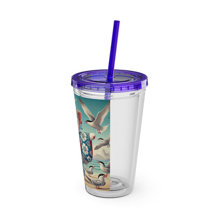 Geisha Kitten by the Seaside Sunsplash Tumbler with Straw, 16oz