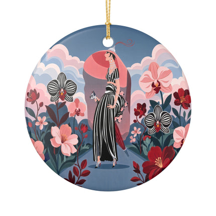 🌸🖤 The Striped Orchid Promenade Ceramic Ornament – Art Deco Floral Fashion
