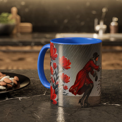 ☔🌹 The Scarlet Rainstorm Promenade Colorful Mug – Art Deco Motoring Elegance