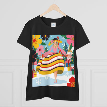 🎄🌸 The Christmas Blossom Belle Cotton Tee – Art Deco Holiday Whimsy