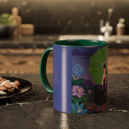 The Lady Of The Moonlit Needlework Colorful Mugs – Art Deco Crafting Elegance