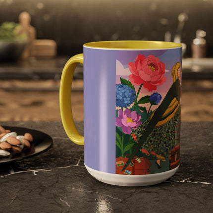 The Lady And The Crimson Birdcage Colorful Mugs – Art Deco Tropical Garden Elegance
