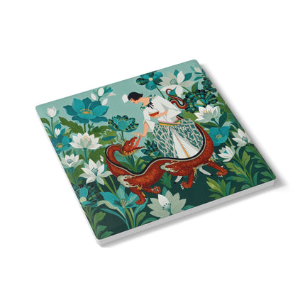 🐉🌿 The Dragon Keeper Ceramic Coaster – Art Deco Floral Fantasy