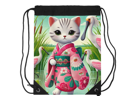 Geisha Kitten Strolls Among the Spoonbills Drawstring Bag