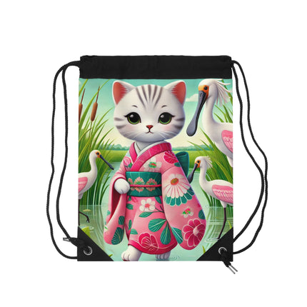 Geisha Kitten Strolls Among the Spoonbills Drawstring Bag