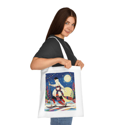🎿🌙 The Moonlit Christmas Skier Cotton Tote Bag – Art Deco Holiday Adventure