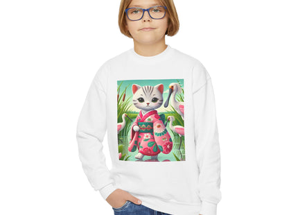 Geisha Kitten Strolls Among the Spoonbills Youth Crewneck Sweatshirt