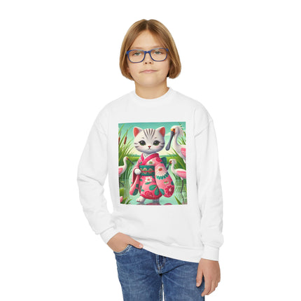 Geisha Kitten Strolls Among the Spoonbills Youth Crewneck Sweatshirt – Grace, Nature & Whimsical Elegance