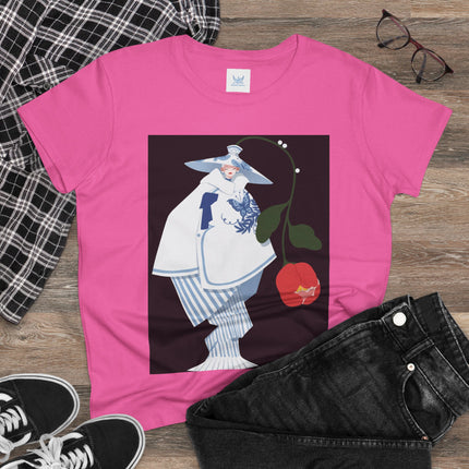 Blue & White Porcelain Geisha Women's Midweight Cotton Tee – Refined Elegance & Timeless Charm
