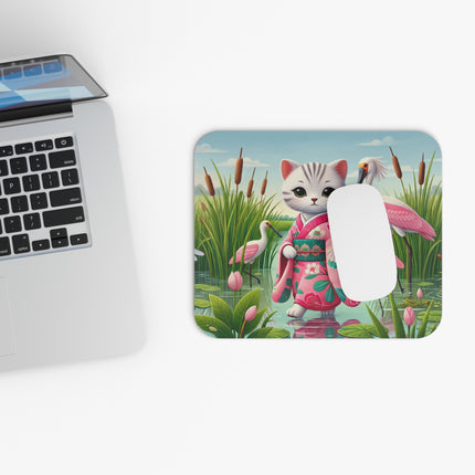Geisha Kitten Strolls Among the Spoonbills Mouse Pad – Serene Grace & Marshland Wonder