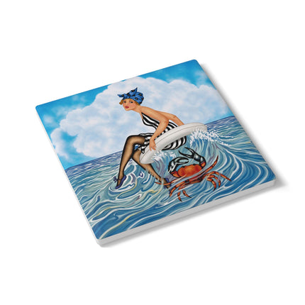 🦀🌊 The Seaside Crab Ride Ceramic Coaster – Art Deco Beach Whimsy