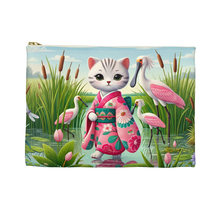 Geisha Kitten Strolls Among the Spoonbills Accessory Pouch – Serene Grace & Marshland Wonder