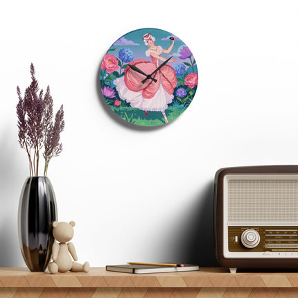 🌸🎭 The Rose Garden Masquerade Acrylic Wall Clock – Art Deco Floral Elegance
