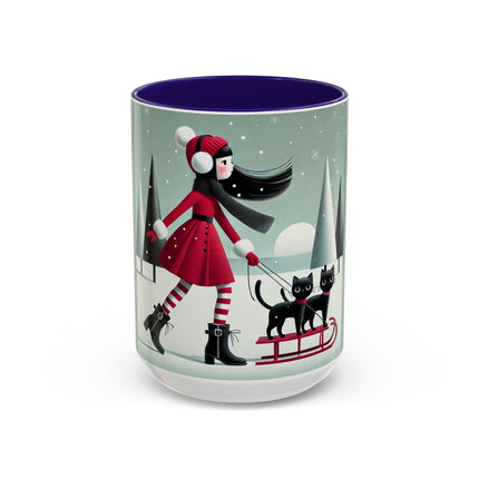 Red Sled & Curious Cats Colorful Mugs (11oz, 15oz)