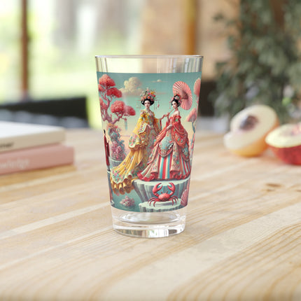 Cherry Blossom Courtesans & Crimson Crab Pint Glass – Imperial Elegance & Playful Charm