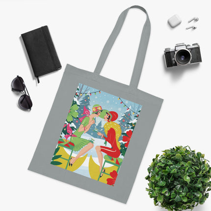 🎄☕ Christmas Tea In The Snow Garden Cotton Tote Bag – Art Deco Holiday Friendship